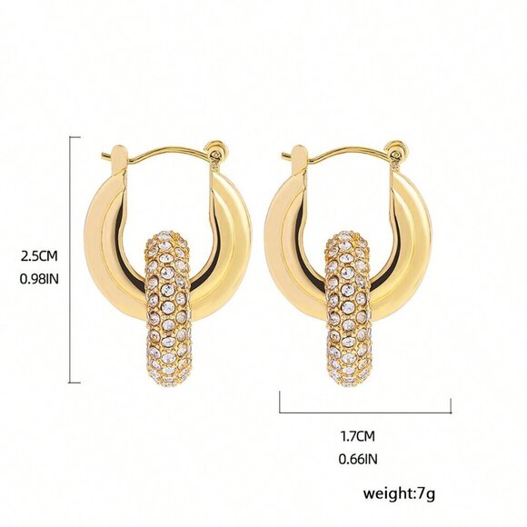 Yellow Gold Women's Gold Color Zinc Alloy Full Diamond Inlaid Hoop Earrings - Picture 5 of 5